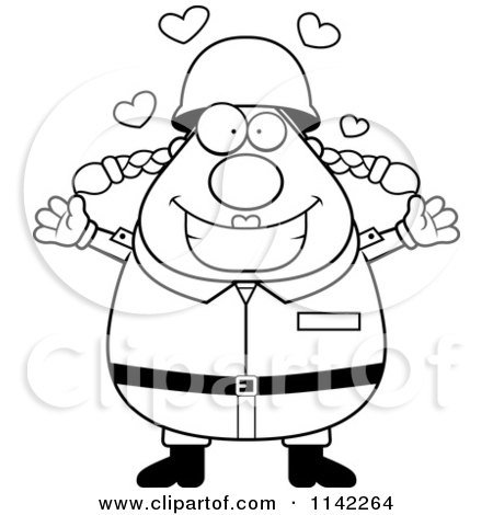 Cartoon Clipart Of A Black And White Loving Chubby Army Woman - Vector Outlined Coloring Page by Cory Thoman