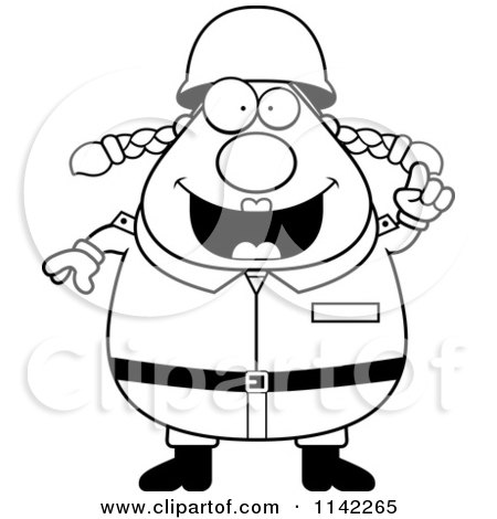 Cartoon Clipart Of A Black And White Chubby Army Woman With An Idea - Vector Outlined Coloring Page by Cory Thoman