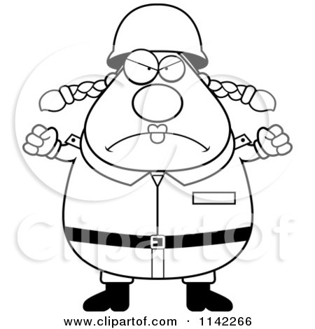 Cartoon Clipart Of A Black And White Mad Chubby Army Woman - Vector Outlined Coloring Page by Cory Thoman