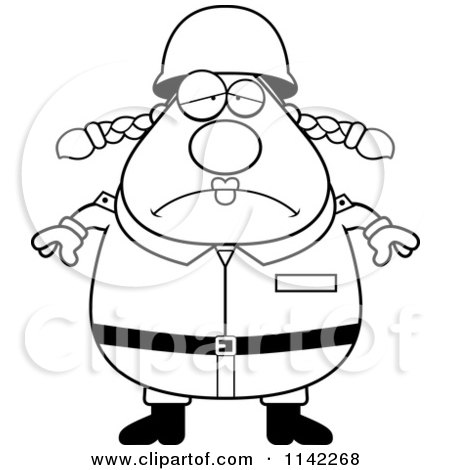 Cartoon Clipart Of A Black And White Depressed Chubby Army Woman - Vector Outlined Coloring Page by Cory Thoman