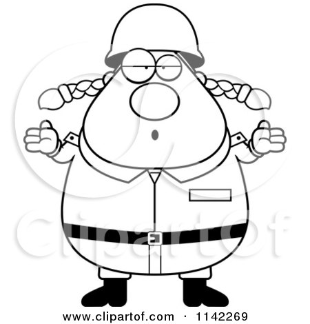 Cartoon Clipart Of A Black And White Careless Shrugging Chubby Army Woman - Vector Outlined Coloring Page by Cory Thoman