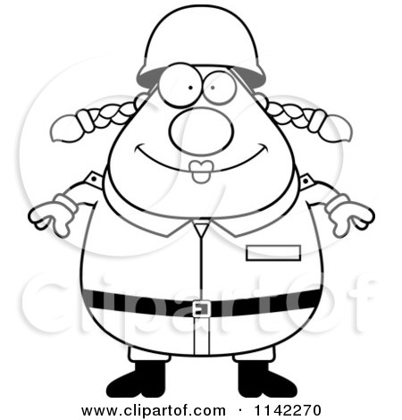 Cartoon Clipart Of A Black And White Happy Chubby Army Woman - Vector Outlined Coloring Page by Cory Thoman