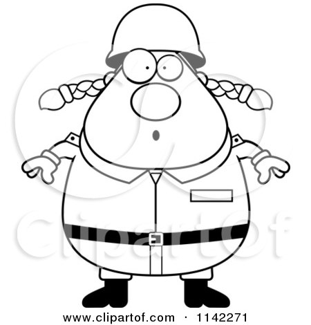 Cartoon Clipart Of A Black And White Surprised Chubby Army Woman - Vector Outlined Coloring Page by Cory Thoman
