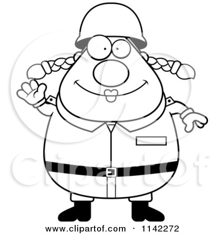 Cartoon Clipart Of A Black And White Friendly Waving Chubby Army Woman - Vector Outlined Coloring Page by Cory Thoman