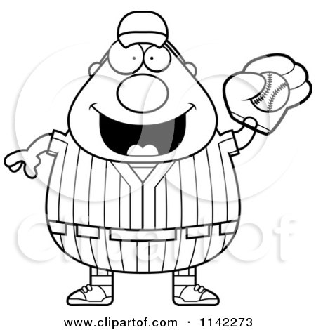 Cartoon Clipart Of A Black And White Male Baseball Player Catching A Ball - Vector Outlined Coloring Page by Cory Thoman