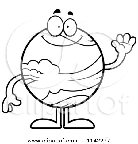 Cartoon Clipart Of A Black And White Waving Planet Venus - Vector Outlined Coloring Page by Cory Thoman