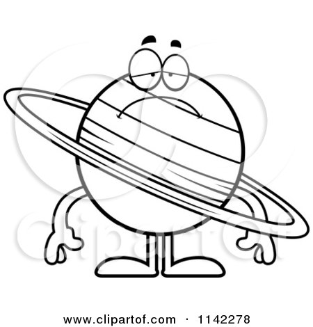 Cartoon Clipart Of A Black And White Sad Planet Saturn - Vector Outlined Coloring Page by Cory Thoman