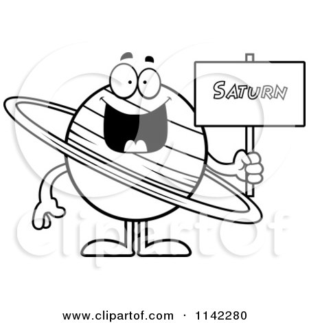 Cartoon Clipart Of A Black And White Planet Saturn Holding A Sign - Vector Outlined Coloring Page by Cory Thoman