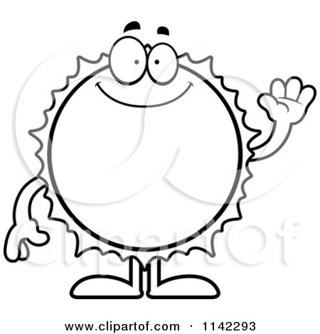 Cartoon Clipart Of A Black And White Waving Sun - Vector Outlined Coloring Page by Cory Thoman