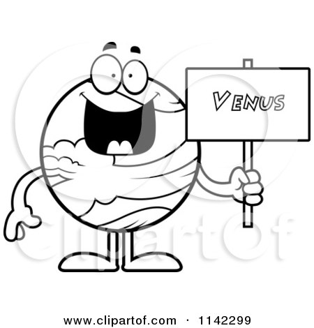 Cartoon Clipart Of A Black And White Planet Venus Holding A Sign - Vector Outlined Coloring Page by Cory Thoman