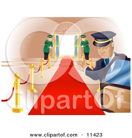 Limo Driver Holding Open a Car Door Upon a Scene of a Red Carpet Leading to Doormen Holding Open Double Doors Clipart Illustration by AtStockIllustration