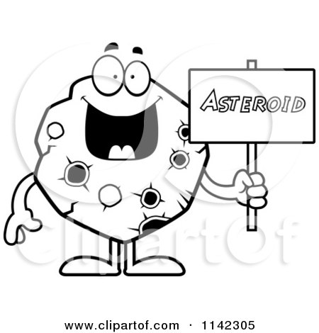 Cartoon Clipart Of A Black And White Asteroid Holding A Sign - Vector Outlined Coloring Page by Cory Thoman