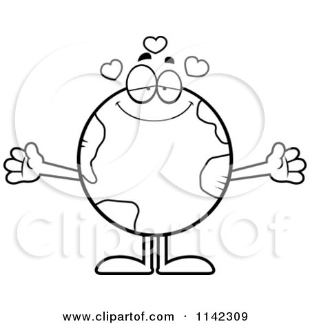 Cartoon Clipart Of A Black And White Earth Globe With Open Arms - Vector Outlined Coloring Page by Cory Thoman