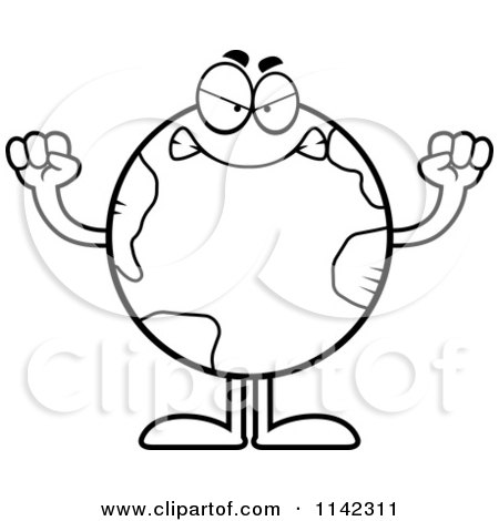 Cartoon Clipart Of A Black And White Mad Earth Globe - Vector Outlined Coloring Page by Cory Thoman