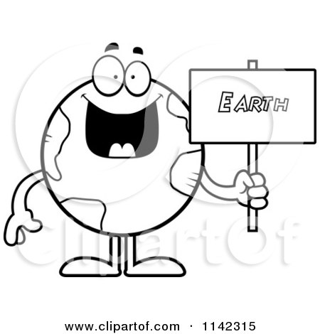 Cartoon Clipart Of A Black And White Earth Globe Holding A Sign - Vector Outlined Coloring Page by Cory Thoman