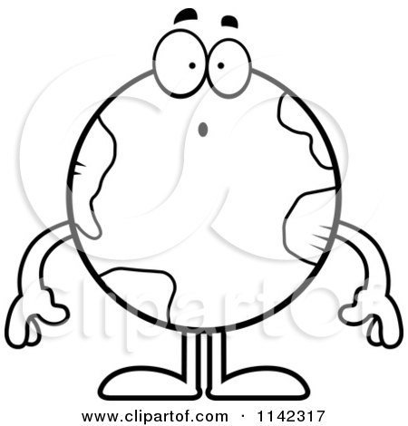Cartoon Clipart Of A Black And White Surprised Earth Globe - Vector Outlined Coloring Page by Cory Thoman