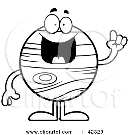 Cartoon Clipart Of A Black And White Planet Jupiter With An Idea - Vector Outlined Coloring Page by Cory Thoman