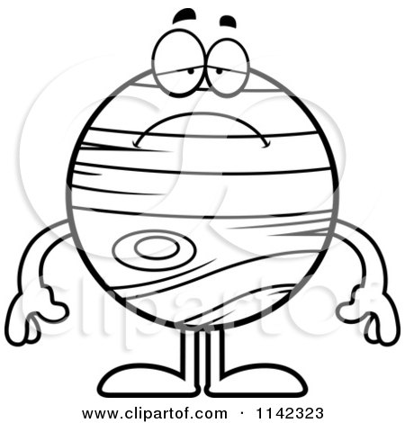 Cartoon Clipart Of A Black And White Sad Planet Jupiter - Vector Outlined Coloring Page by Cory Thoman
