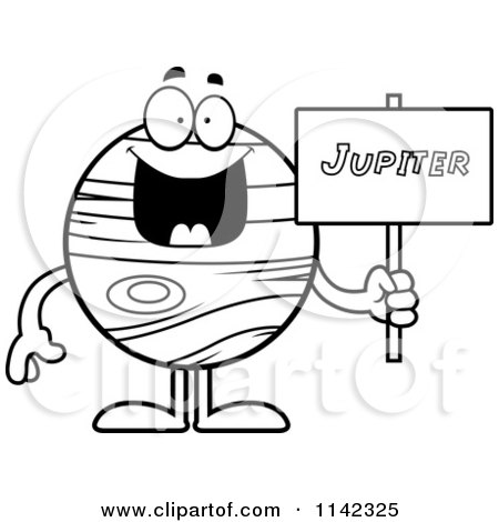 Cartoon Clipart Of A Black And White Planet Jupiter Holding A Sign - Vector Outlined Coloring Page by Cory Thoman