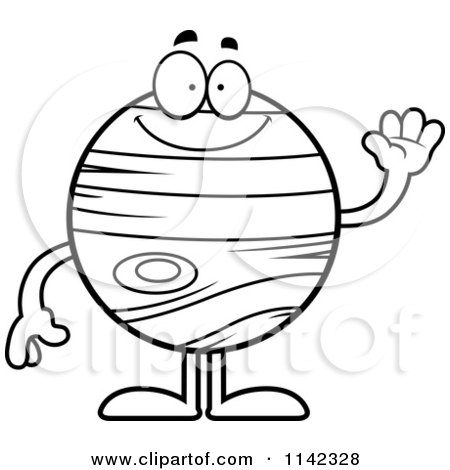 Cartoon Clipart Of A Black And White Planet Jupiter Waving - Vector Outlined Coloring Page by Cory Thoman