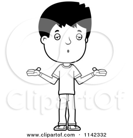 Cartoon Clipart Of A Black And White Careless Adolescent Teenage Boy Shrugging - Vector Outlined Coloring Page by Cory Thoman