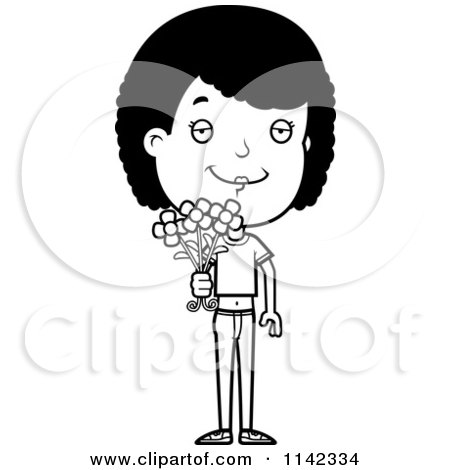 Cartoon Clipart Of A Black And White Clipart Adolescent Teenage Girl Holding Out Flowers - Vector Outlined Coloring Page by Cory Thoman