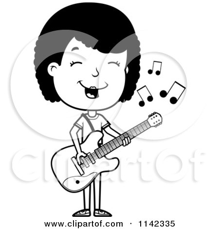 Cartoon Clipart Of A Black And White Adolescent Teenage Girl Playing A Guitar - Vector Outlined Coloring Page by Cory Thoman