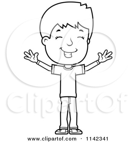 Cartoon Clipart Of A Black And White Happy Adolescent Teenage Boy With Open Arms - Vector Outlined Coloring Page by Cory Thoman