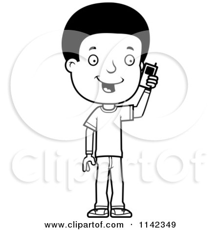 Cartoon Clipart Of A Black And White Adolescent Teenage Boy Talking On A Cell Phone - Vector Outlined Coloring Page by Cory Thoman