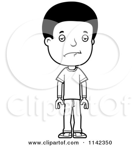 Cartoon Clipart Of A Black And White Depressed Adolescent Teenage Boy - Vector Outlined Coloring Page by Cory Thoman