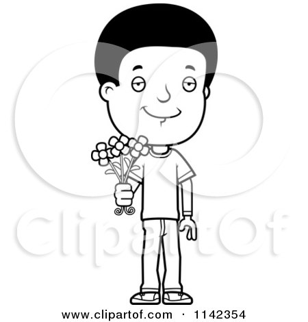 Cartoon Clipart Of A Black And White Adolescent Teenage Boy Holding Out Flowers - Vector Outlined Coloring Page by Cory Thoman