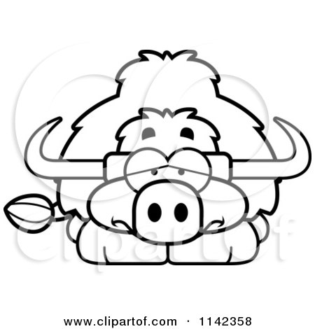 Cartoon Clipart Of A Black And White Depressed Yak - Vector Outlined Coloring Page by Cory Thoman