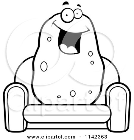 Cartoon Clipart Of A Black And White Happy Potato Sitting On A Couch - Vector Outlined Coloring Page by Cory Thoman