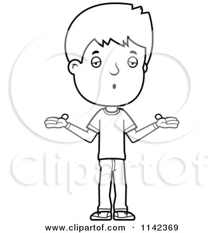 Cartoon Clipart Of A Black And White Adolescent Teenage Boy Shrugging - Vector Outlined Coloring Page by Cory Thoman