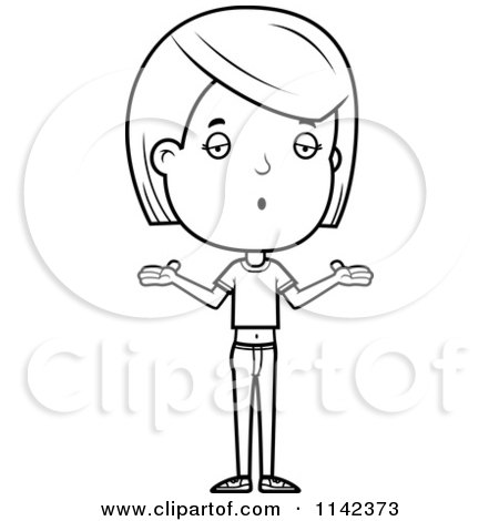 Cartoon Clipart Of A Black And White Careless Adolescent Teenage Girl Shrugging - Vector Outlined Coloring Page by Cory Thoman