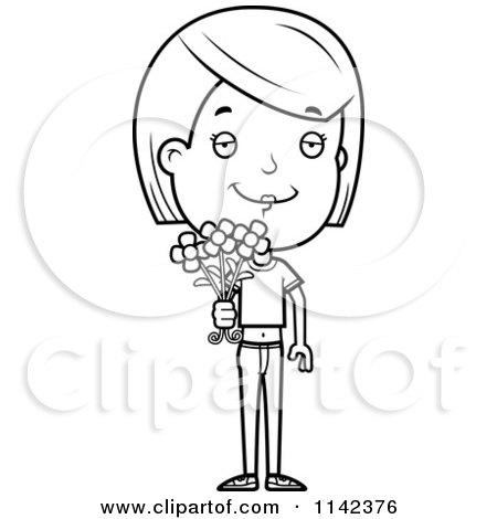 Cartoon Clipart Of A Black And White Adolescent Teenage Girl Holding Out Flowers - Vector Outlined Coloring Page by Cory Thoman