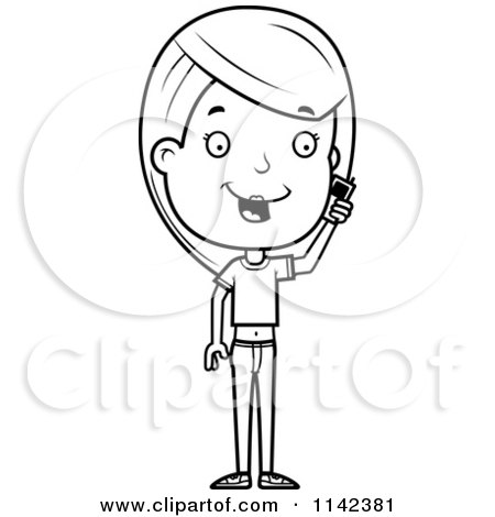 Cartoon Clipart Of A Black And White Adolescent Teenage Girl Talking On A Cell Phone - Vector Outlined Coloring Page by Cory Thoman