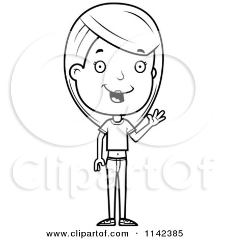 Cartoon Clipart Of A Black And White Friendly Adolescent Teenage Girl Waving - Vector Outlined Coloring Page by Cory Thoman