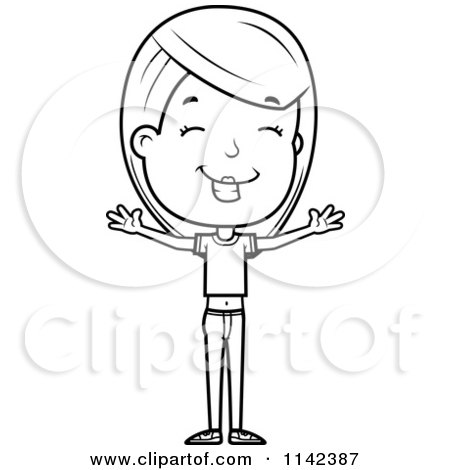 Cartoon Clipart Of A Black And White Happy Adolescent Teenage Girl - Vector Outlined Coloring Page by Cory Thoman