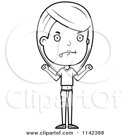 Cartoon Clipart Of A Black And White Mad Adolescent Teenage Girl - Vector Outlined Coloring Page by Cory Thoman