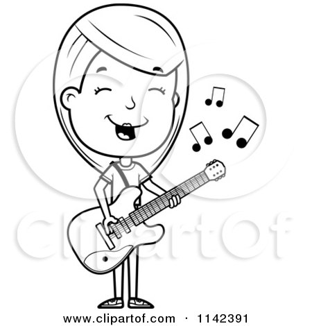 Cartoon Clipart Of A Black And White Adolescent Teenage Girl Playing A Guitar - Vector Outlined Coloring Page by Cory Thoman