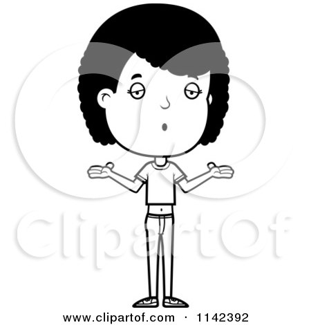 Cartoon Clipart Of A Black And White Careless Adolescent Teenage Girl Shrugging - Vector Outlined Coloring Page by Cory Thoman