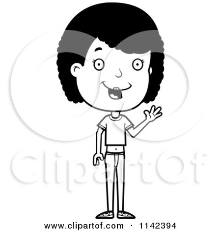 Cartoon Clipart Of A Black And White Friendly Adolescent Teenage Girl Waving - Vector Outlined Coloring Page by Cory Thoman