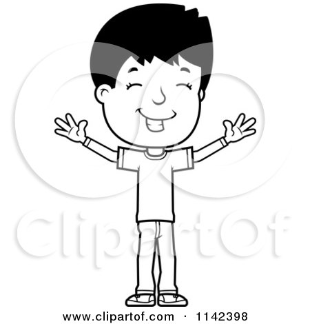 Cartoon Clipart Of A Black And White Happy Adolescent Teenage Boy With Open Arms - Vector Outlined Coloring Page by Cory Thoman