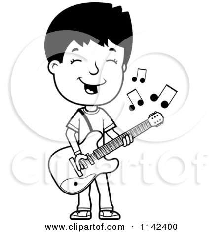 Cartoon Clipart Of A Black And White Adolescent Teenage Boy Playing A Guitar - Vector Outlined Coloring Page by Cory Thoman