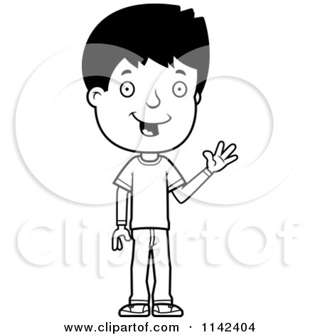 Cartoon Clipart Of A Black And White Friendly Adolescent Teenage Boy Waving - Vector Outlined Coloring Page by Cory Thoman