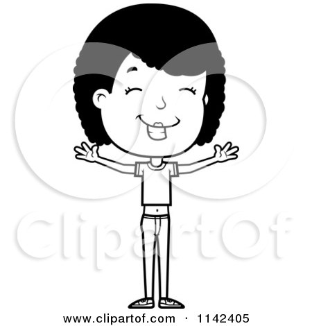 Cartoon Clipart Of A Black And White Happy Adolescent Teenage Girl - Vector Outlined Coloring Page by Cory Thoman