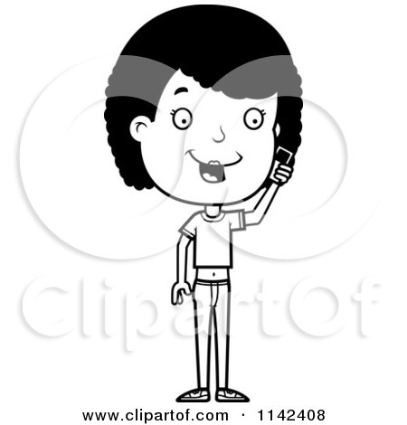 Cartoon Clipart Of A Black And White Adolescent Teenage Girl Talking On A Cell Phone - Vector Outlined Coloring Page by Cory Thoman