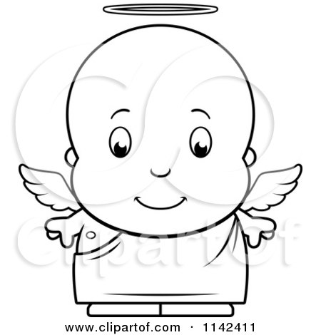 Cartoon Clipart Of A Black And White Cute Baby Boy Angel - Vector Outlined Coloring Page by Cory Thoman