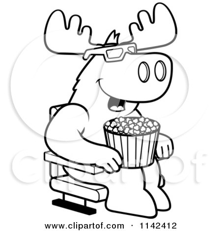 Cartoon Clipart Of A Black And White Moose Eating Popcorn And Watching A 3d Movie At The Theater - Vector Outlined Coloring Page by Cory Thoman